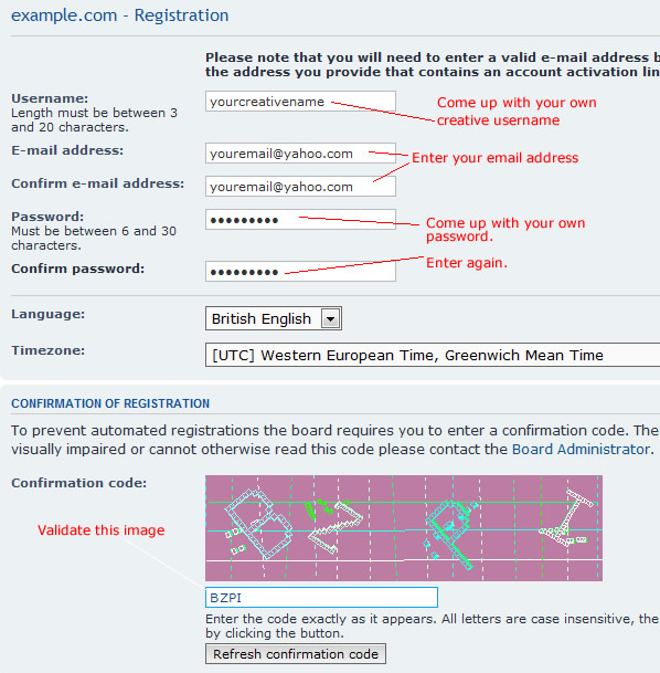 web forum registration screen