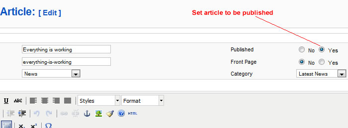 Set article to be published in Joomla