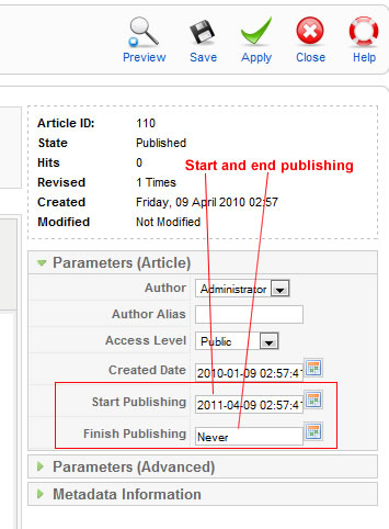 Set start and end publishing dates in Joomla