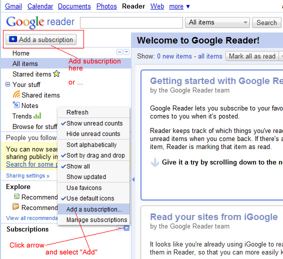 Add Subscription to Google Reader