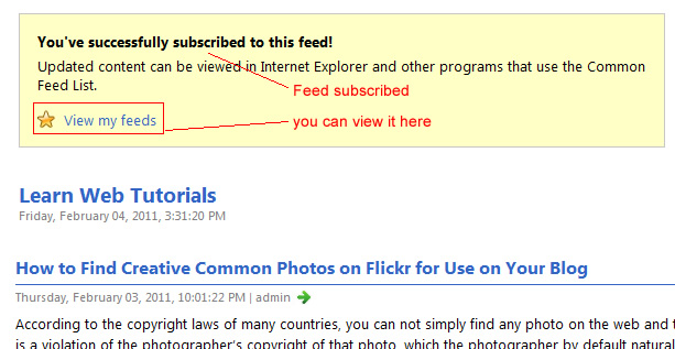 Feed subscribed in Internet Explorer