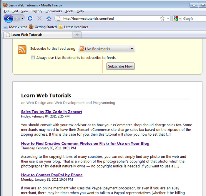 Live Bookmarks on Firefox
