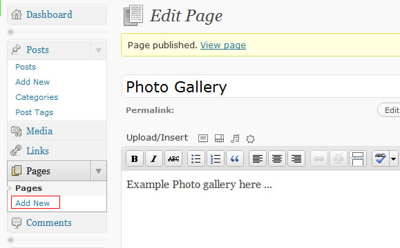 create new page in wordpress