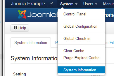 system information shows joomla version