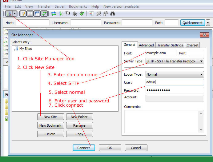 sftp with filezilla site manager